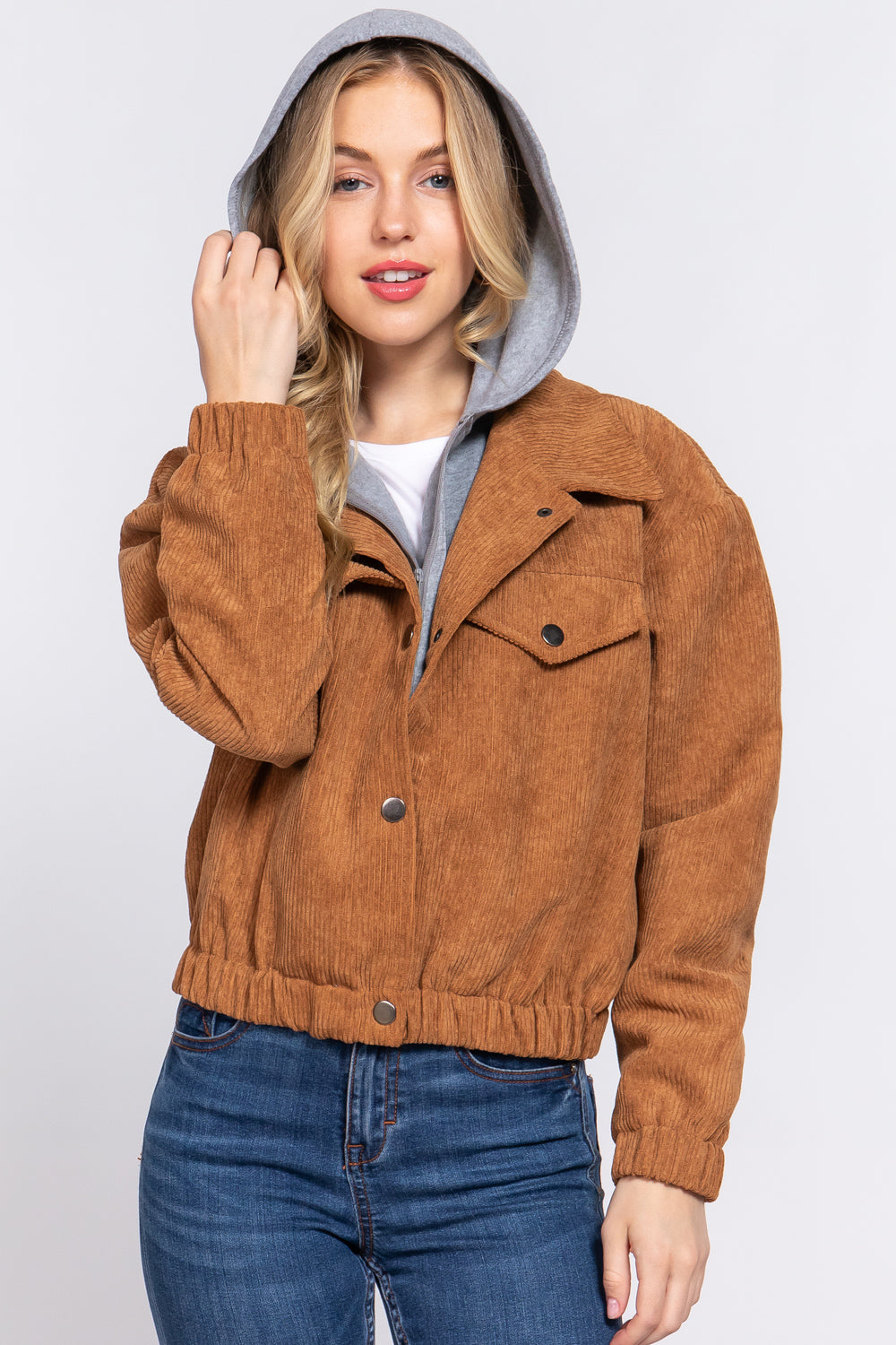 Women's Long Sleeve Inside Hoodie Corduroy Jacket Cropped Cozy Coat