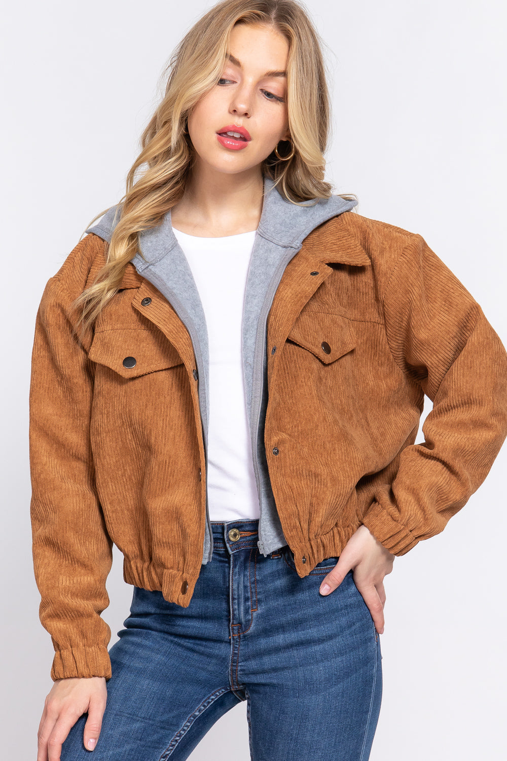 Women's Long Sleeve Inside Hoodie Corduroy Jacket Cropped Cozy Coat