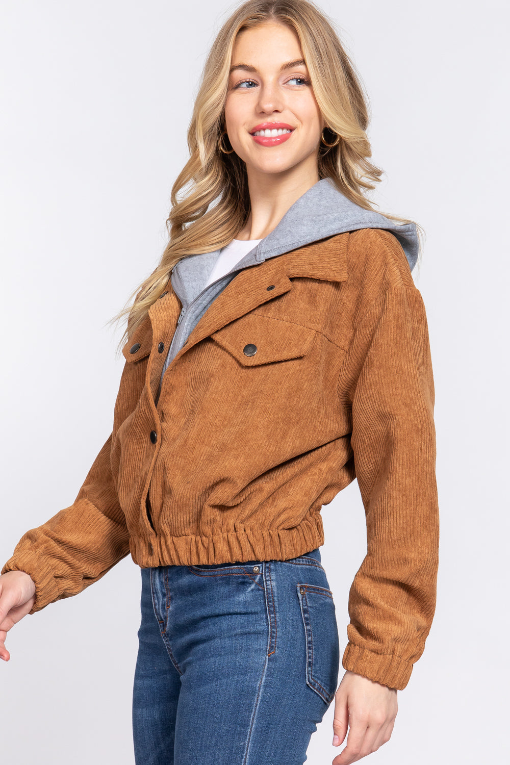 Women's Long Sleeve Inside Hoodie Corduroy Jacket Cropped Cozy Coat