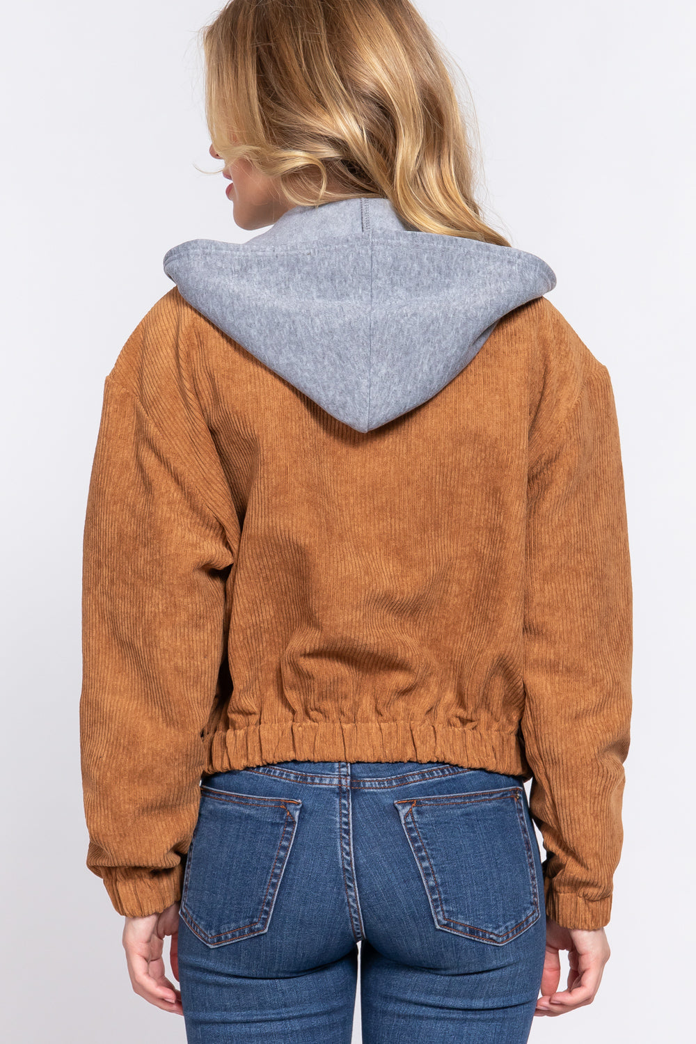 Women's Long Sleeve Inside Hoodie Corduroy Jacket Cropped Cozy Coat