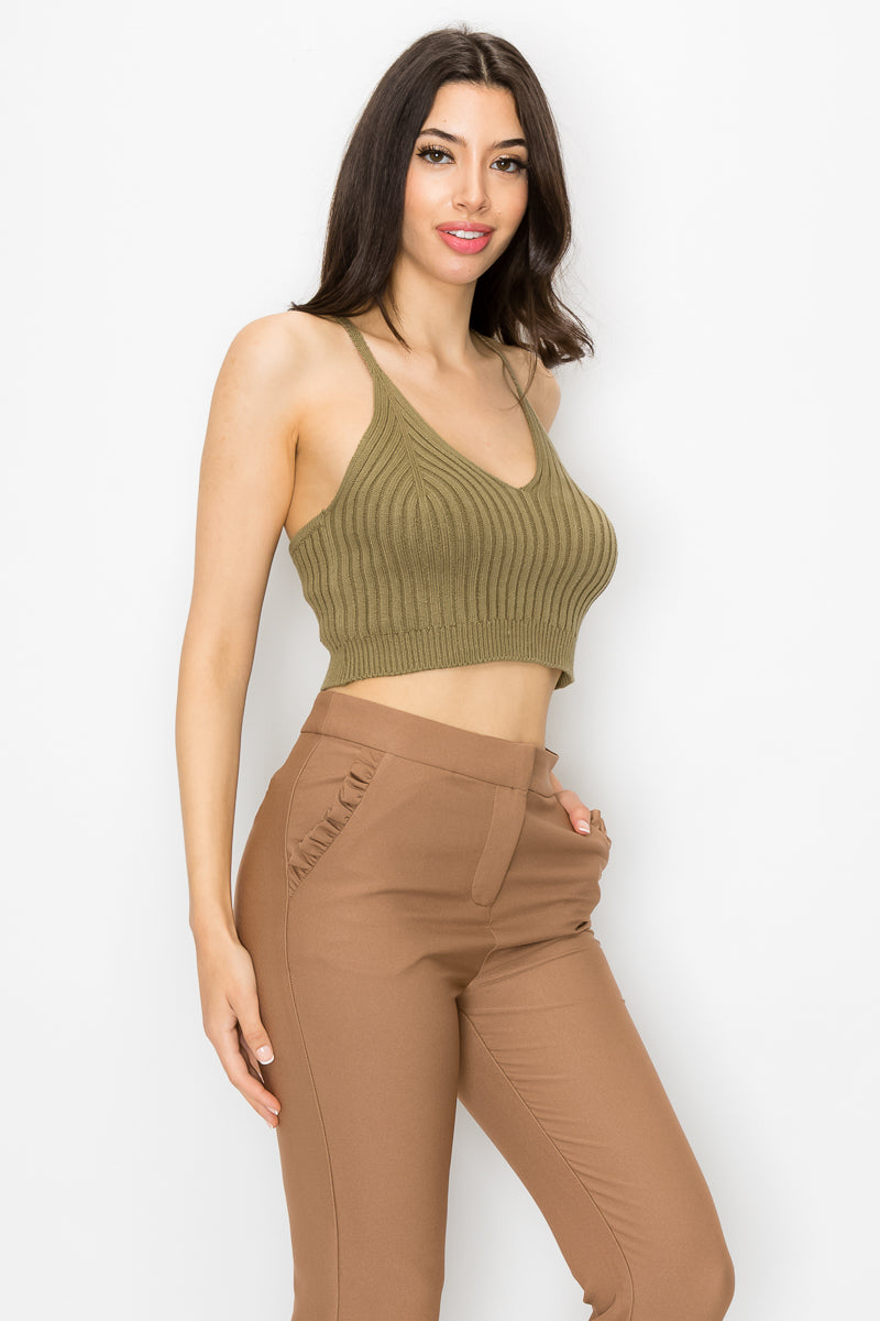 Women Scoop Neck Sweater Knit Rib Cami Strap Cropped Hem Tank Top - Olive Green