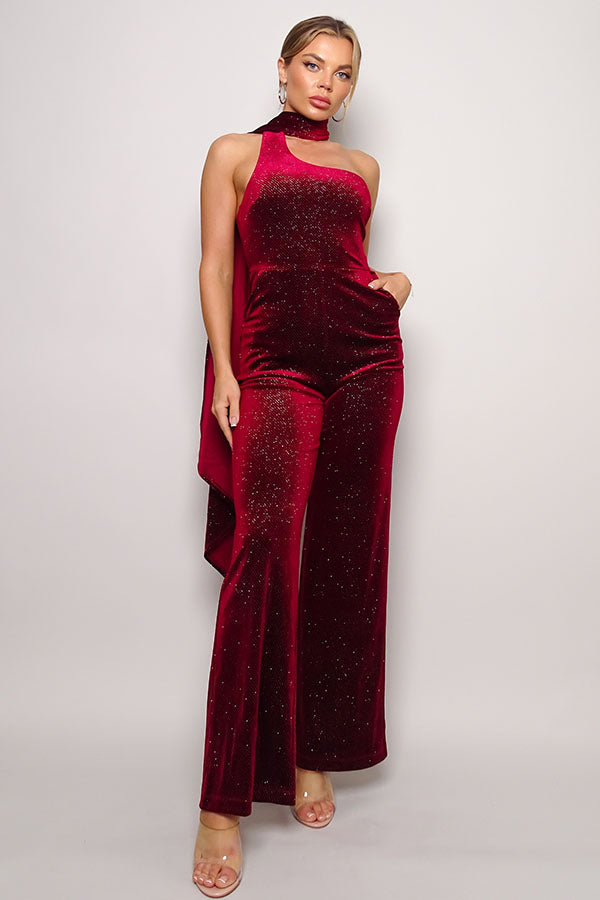 Women's Diagonal Neck Glitter Velvet Jumpsuit Sleeveless Open Back Scarf Top