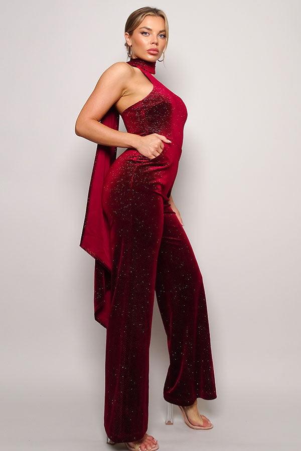 Women's Diagonal Neck Glitter Velvet Jumpsuit Sleeveless Open Back Scarf Top