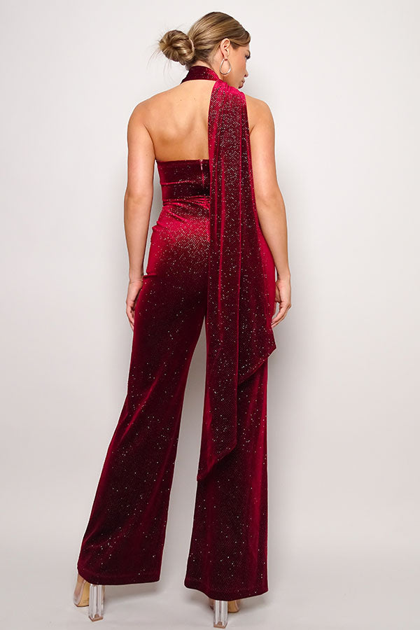 Women's Diagonal Neck Glitter Velvet Jumpsuit Sleeveless Open Back Scarf Top