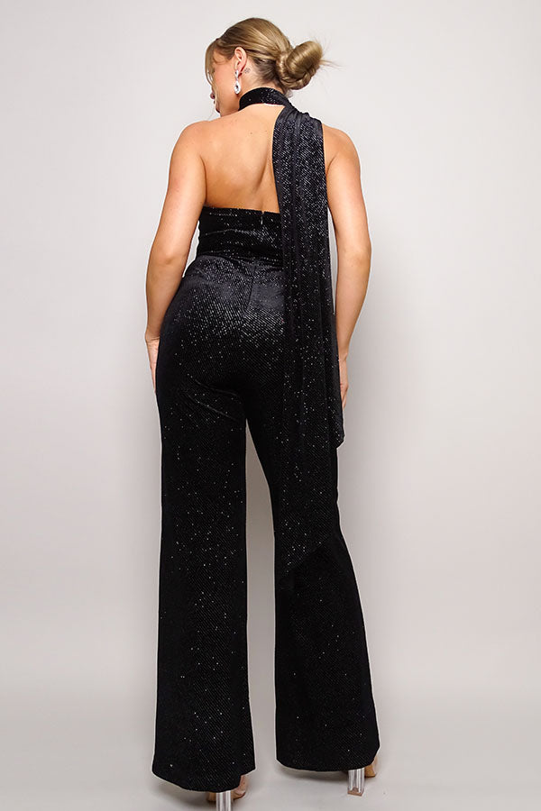 Women's Diagonal Neck Glitter Velvet Jumpsuit Sleeveless Open Back Scarf Top