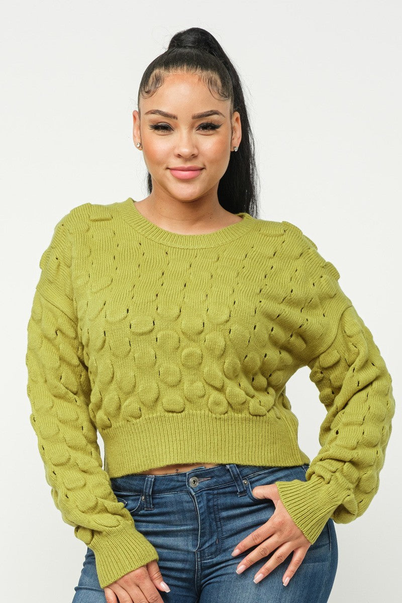 Women Round Neck Sweater Drop Shoulder Checkered Knit Long Sleeve Crop Stretchy
