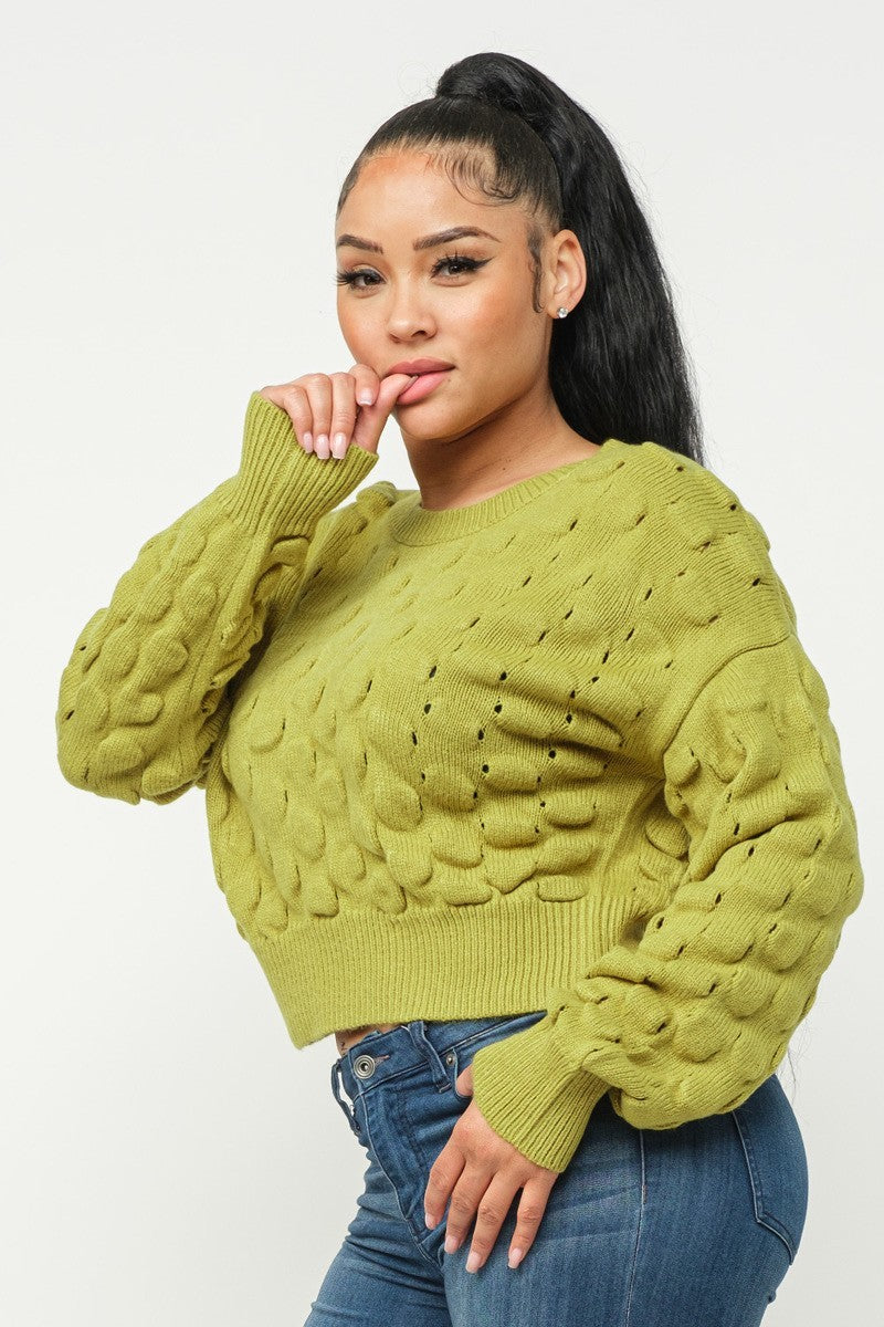 Women Round Neck Sweater Drop Shoulder Checkered Knit Long Sleeve Crop Stretchy