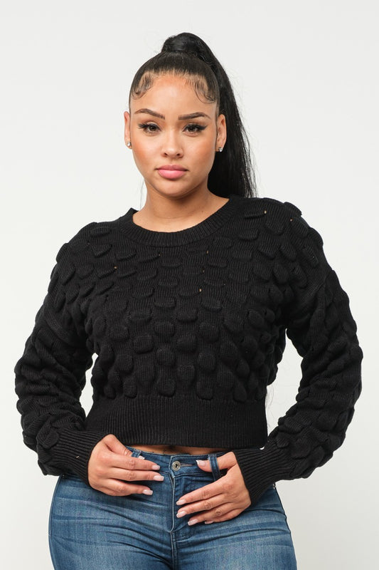 Women Round Neck Sweater Drop Shoulder Checkered Knit Long Sleeve Crop Stretchy