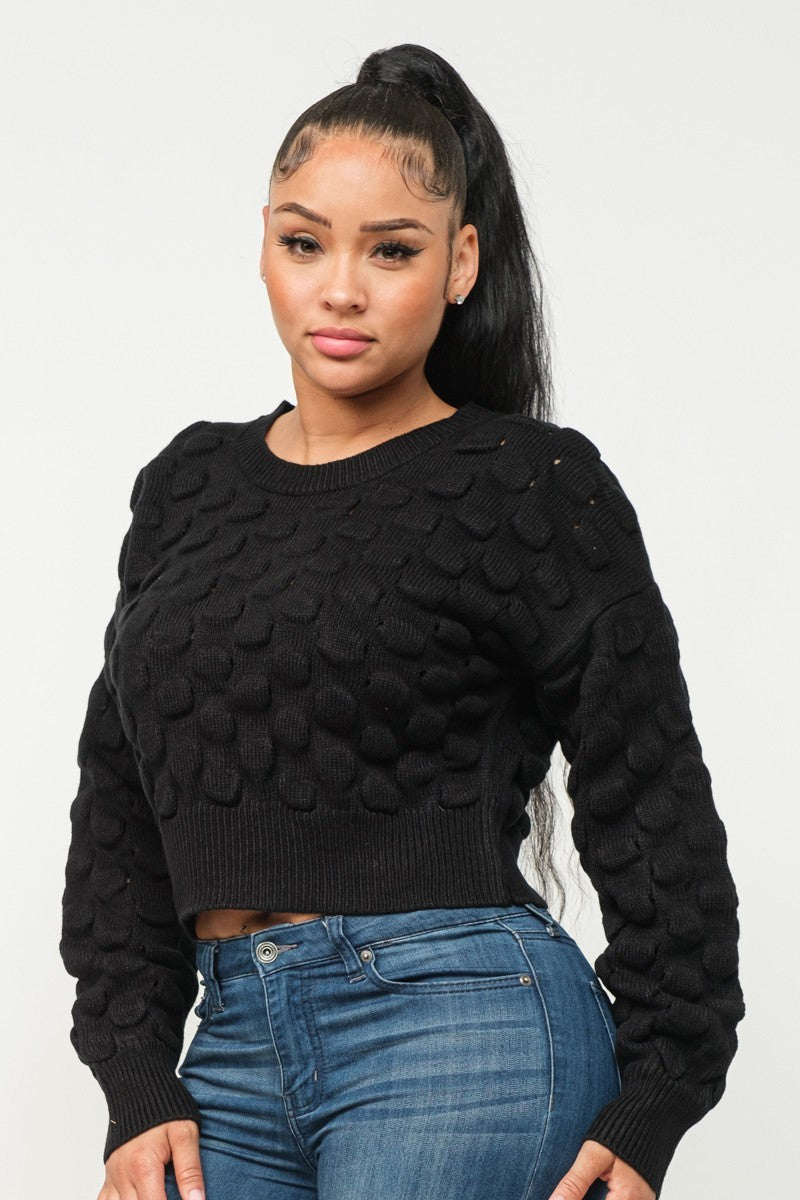 Women Round Neck Sweater Drop Shoulder Checkered Knit Long Sleeve Crop Stretchy