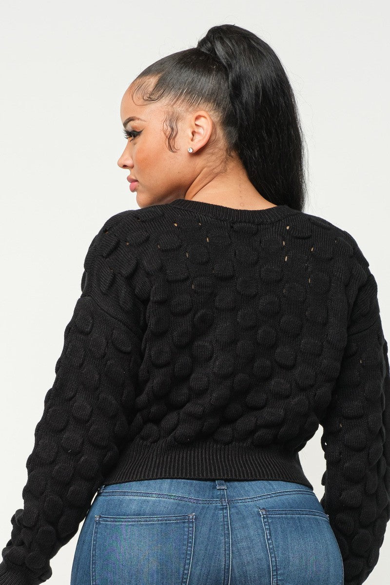 Women Round Neck Sweater Drop Shoulder Checkered Knit Long Sleeve Crop Stretchy