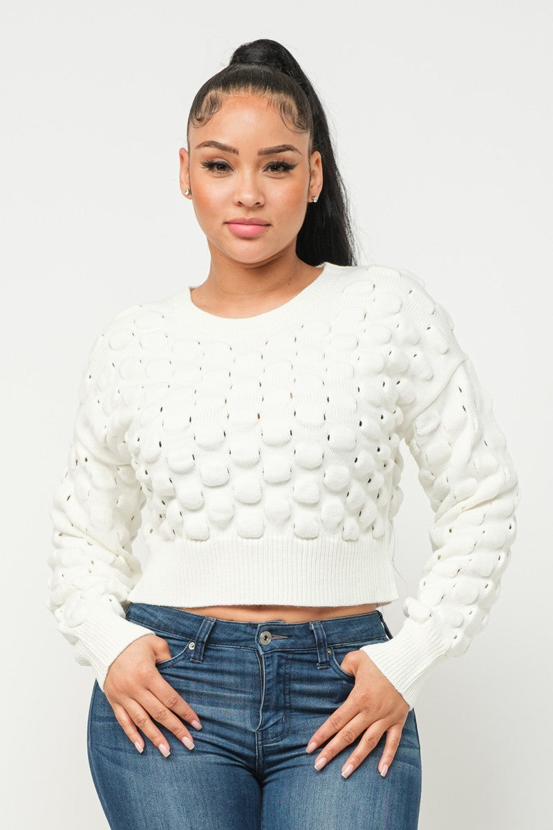 Women Round Neck Sweater Drop Shoulder Checkered Knit Long Sleeve Crop Stretchy