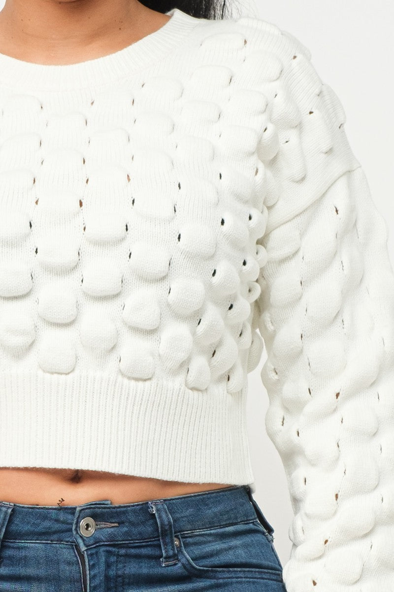 Women Round Neck Sweater Drop Shoulder Checkered Knit Long Sleeve Crop Stretchy