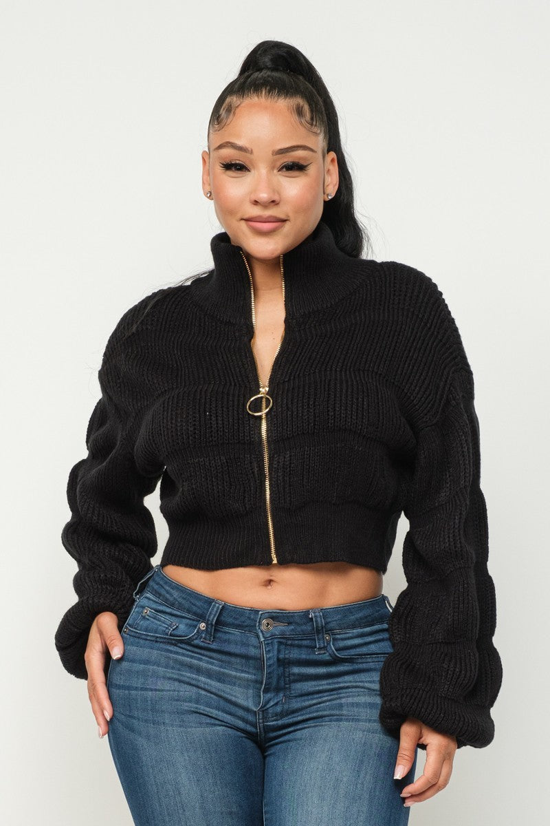Women's High Neck Sweater Front Zipper Drop Shoulder Long Sleeve Crop - Black