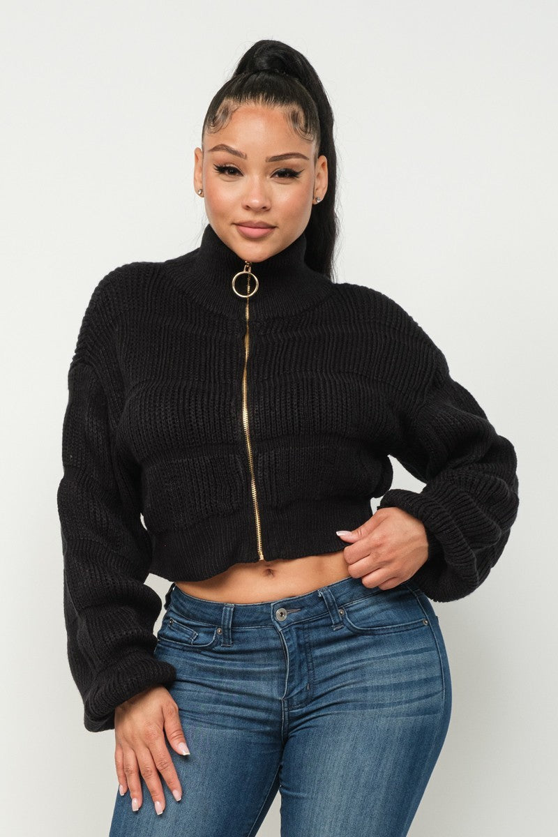 Women's High Neck Sweater Front Zipper Drop Shoulder Long Sleeve Crop - Black