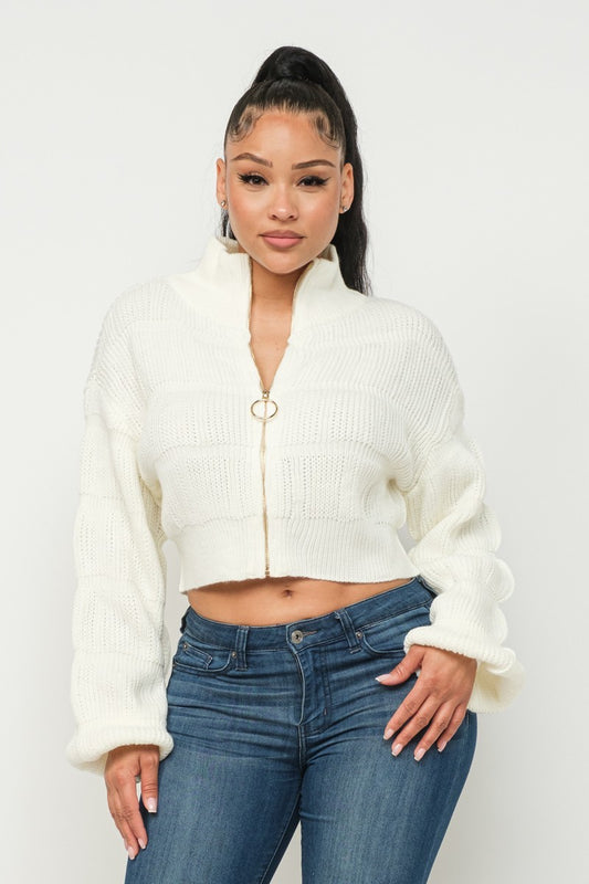 Women's High Neck Sweater Front Zipper Drop Shoulder Long Sleeve Crop - Cream