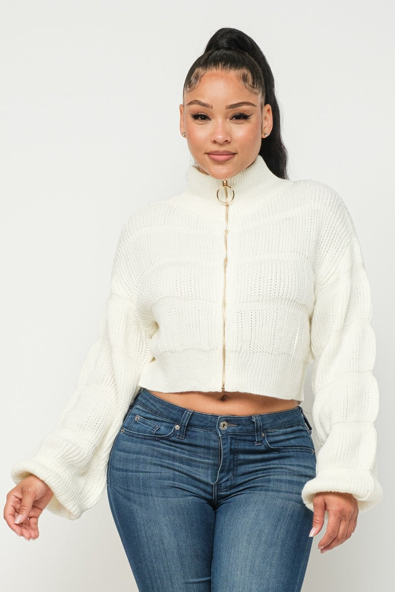 Women's High Neck Sweater Front Zipper Drop Shoulder Long Sleeve Crop - Cream