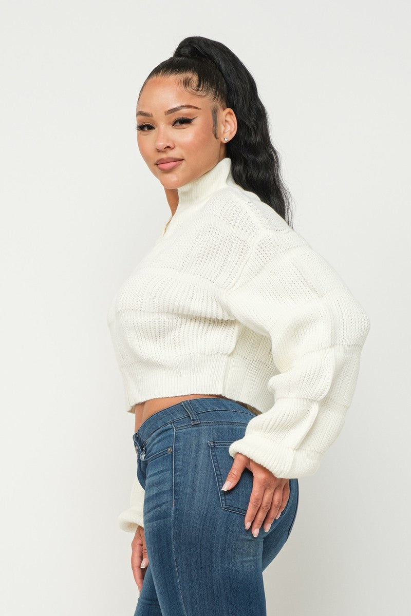 Women's High Neck Sweater Front Zipper Drop Shoulder Long Sleeve Crop - Cream