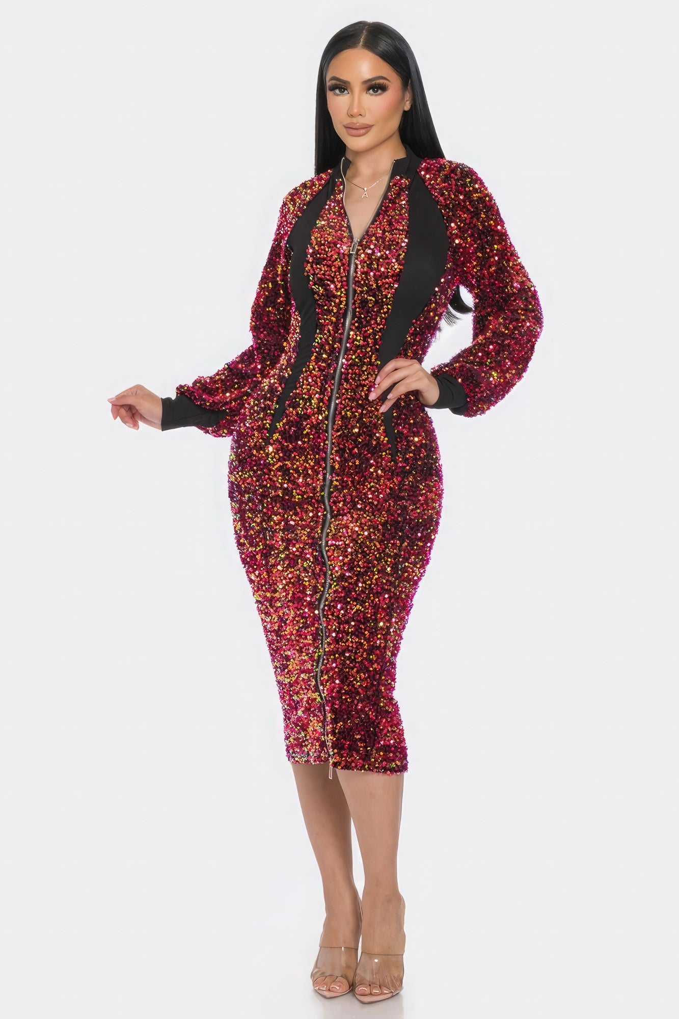 Women's Sequin Contrast Midi Dress Two-Way Zip Up Long Sleeve Collar Bodycon Top