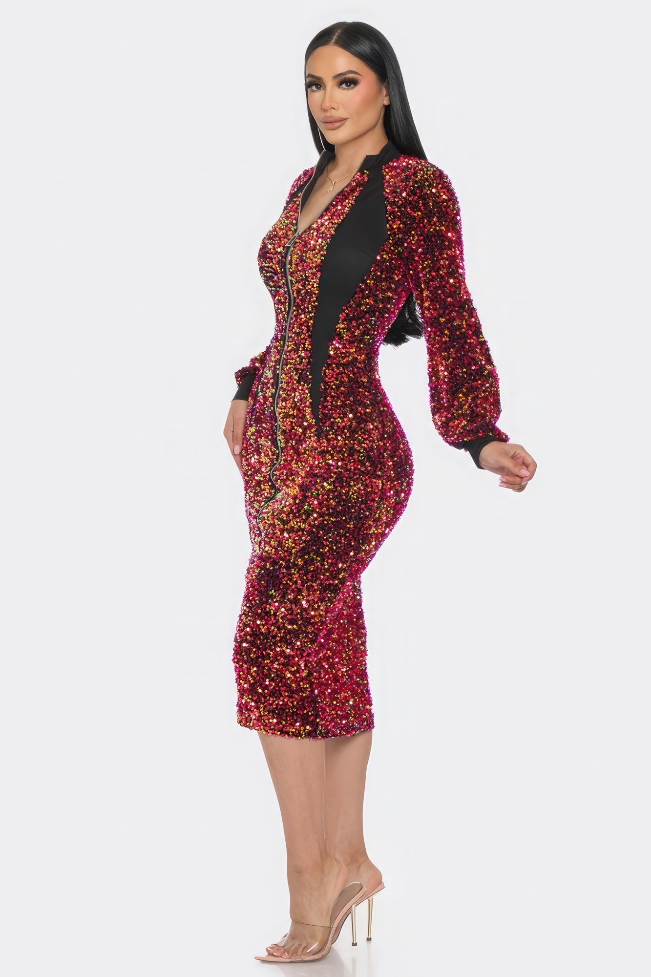 Women's Sequin Contrast Midi Dress Two-Way Zip Up Long Sleeve Collar Bodycon Top