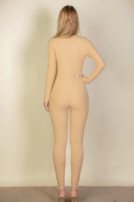Women's Ribbed Scoop Neck Long Sleeve Stretchy Workout Romper Jumpsuit - Taupe