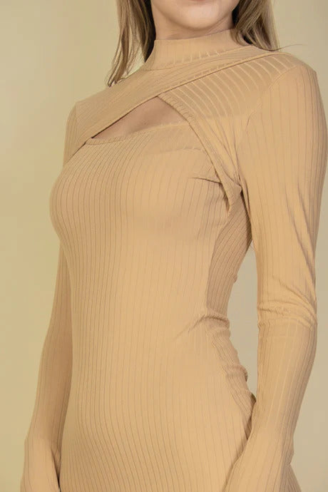 Women's Cut Out Front Ribbed Shirt Top Long Sleeve Stretchy Bodycon Mini Dress
