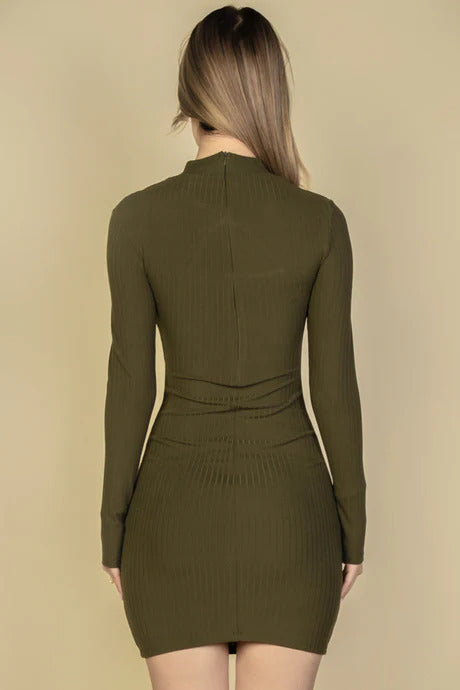 Women's Cut Out Front Ribbed Shirt Top Long Sleeve Stretchy Bodycon Mini Dress