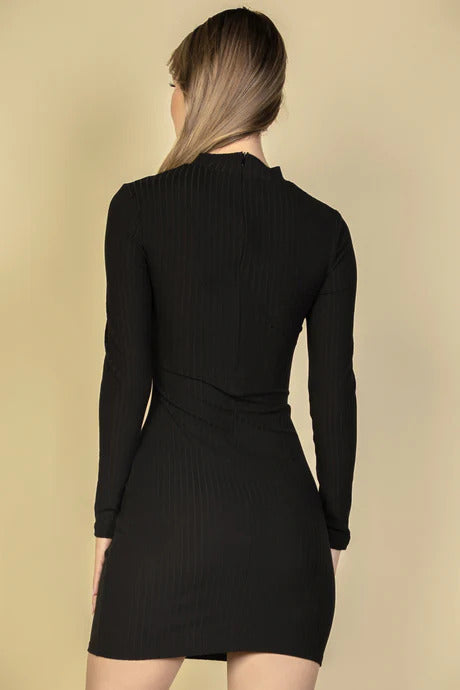 Women's Cut Out Front Ribbed Shirt Top Long Sleeve Stretchy Bodycon Mini Dress