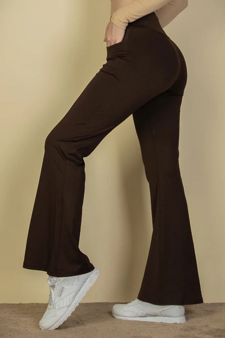 Women's High Waisted Flared Leg Pants Stretchy Pocket Solid Casual Lounge