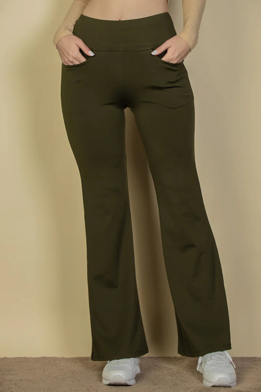 Women's High Waisted Flared Leg Pants Stretchy Pocket Solid Casual Lounge