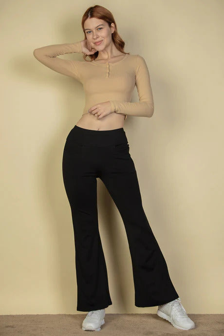 Women's High Waisted Flared Leg Pants Stretchy Pocket Solid Casual Lounge