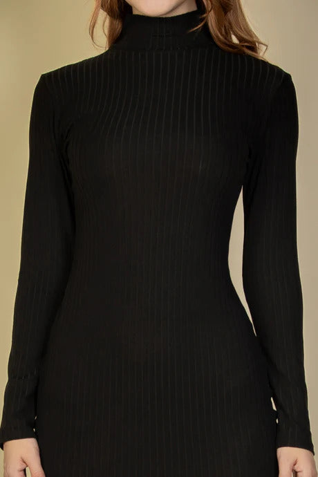Women's Ribbed Mock Neck Long Sleeve Soft Stretchy Bodycon Midi Dress - Black