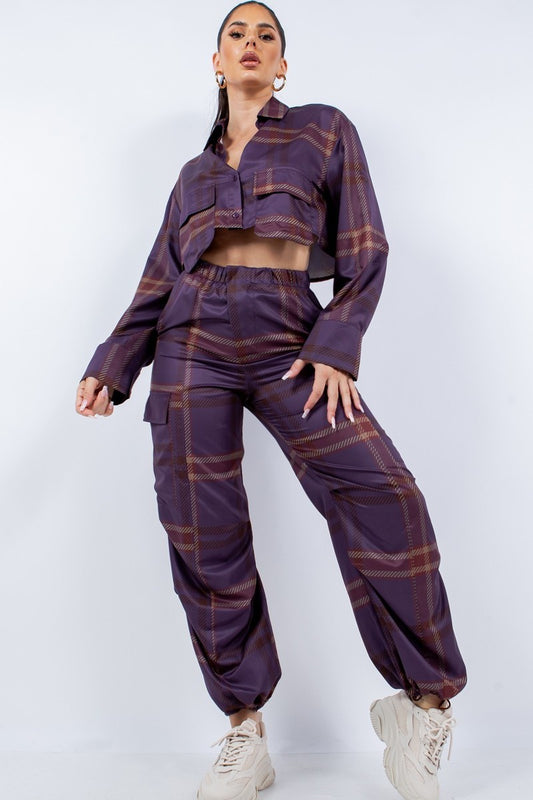 Women Cropped Shirt & Cargo Pants Set Pockets Wide Cuffs Loungwear Tracksuit