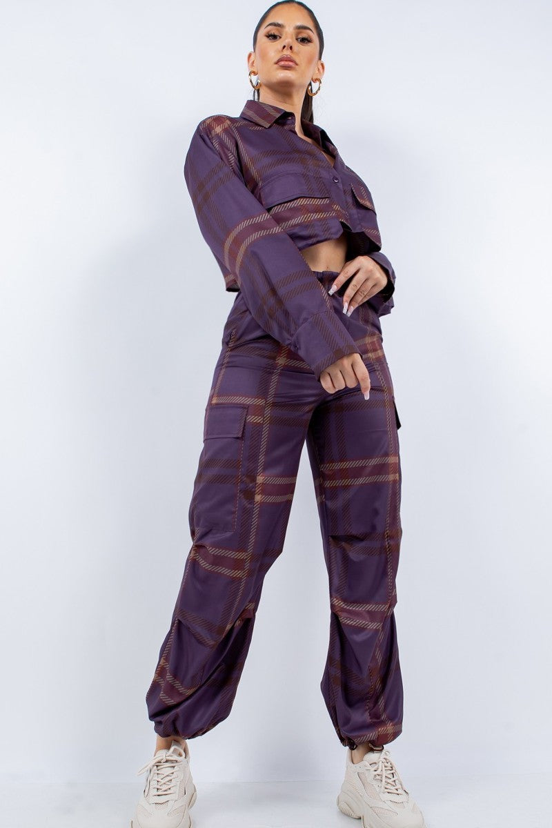 Women Cropped Shirt & Cargo Pants Set Pockets Wide Cuffs Loungwear Tracksuit