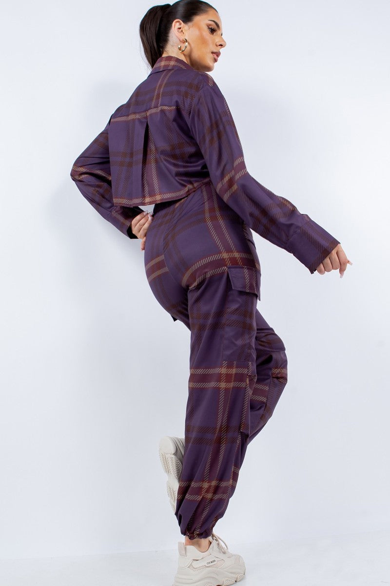 Women Cropped Shirt & Cargo Pants Set Pockets Wide Cuffs Loungwear Tracksuit
