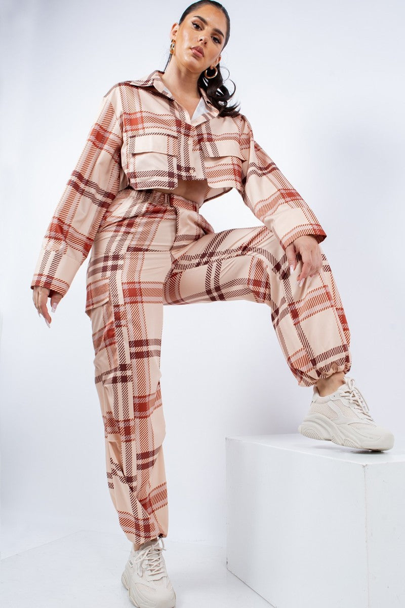 Women Cropped Shirt & Cargo Pants Set Pockets Wide Cuffs Loungwear Tracksuit