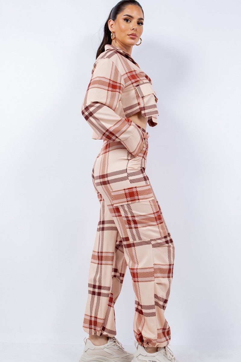 Women Cropped Shirt & Cargo Pants Set Pockets Wide Cuffs Loungwear Tracksuit