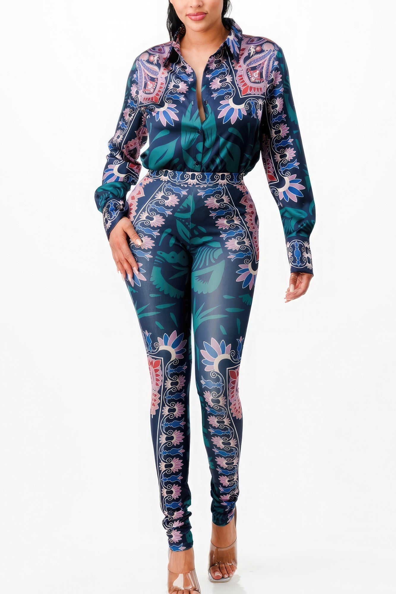 Womens Printed Satin Shirt Blouse Top & Leggings Style Pant Set Yoga Gym Workout