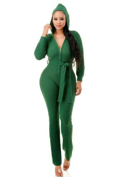 Women Long Sleeve Bodycon Hooded Jumpsuit Zipper Belt One Piece Thick Knit