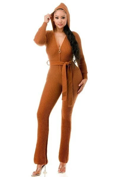 Women Long Sleeve Bodycon Hooded Jumpsuit Zipper Belt One Piece Thick Knit