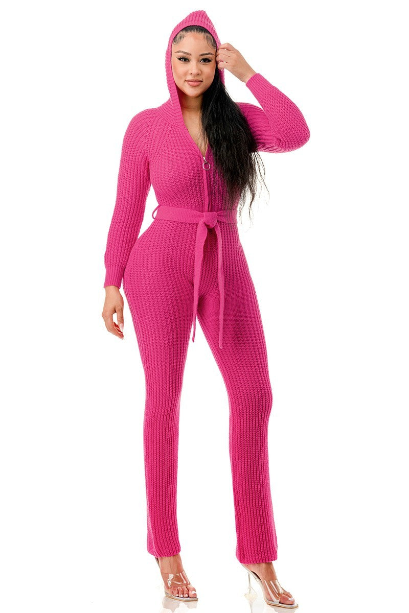 Women Long Sleeve Bodycon Hooded Jumpsuit Zipper Belt One Piece Thick Knit