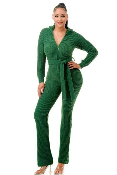 Women Long Sleeve Bodycon Hooded Jumpsuit Zipper Belt One Piece Thick Knit