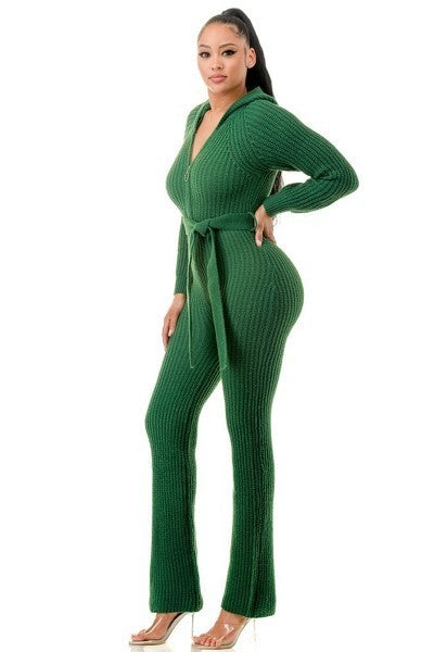 Women Long Sleeve Bodycon Hooded Jumpsuit Zipper Belt One Piece Thick Knit