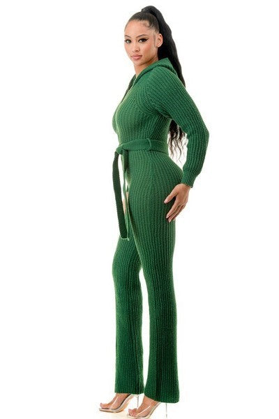 Women Long Sleeve Bodycon Hooded Jumpsuit Zipper Belt One Piece Thick Knit