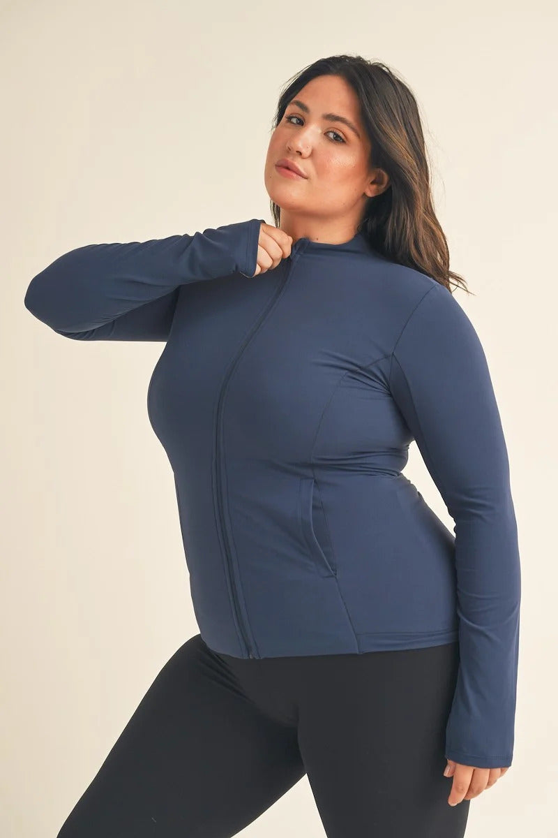 Women's Plus Butter Soft Cozy Full-Zip Jacket Stretch Fitted Top Pockets - Blue