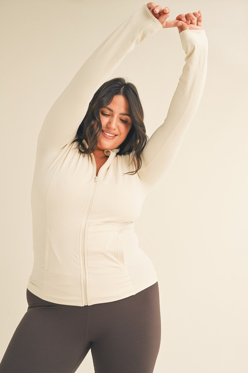 Women's Plus Butter Soft Cozy Full-Zip Jacket Stretch Fitted Top Pockets - Cream