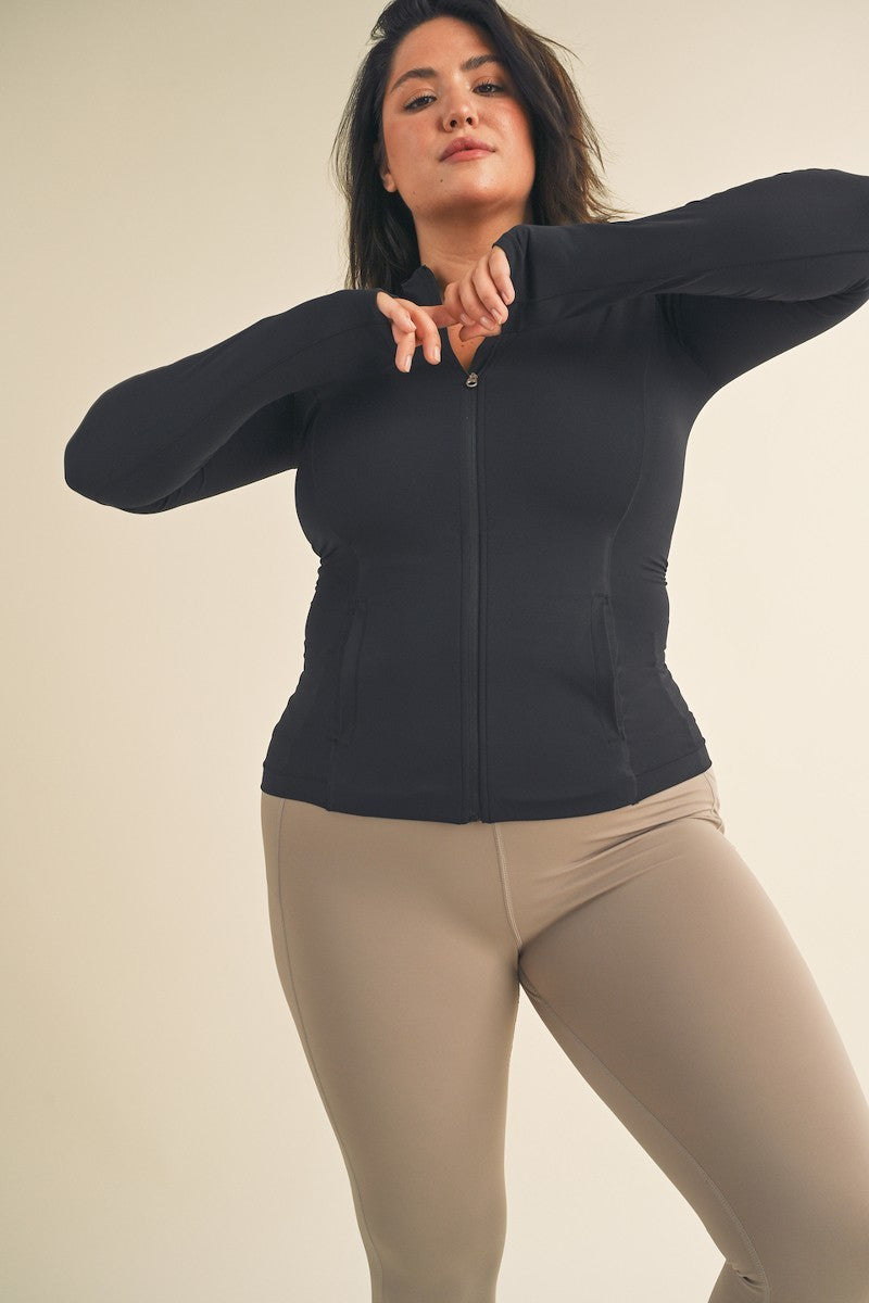 Women's Plus Butter Soft Cozy Full-Zip Jacket Stretch Fitted Top Pockets - Black