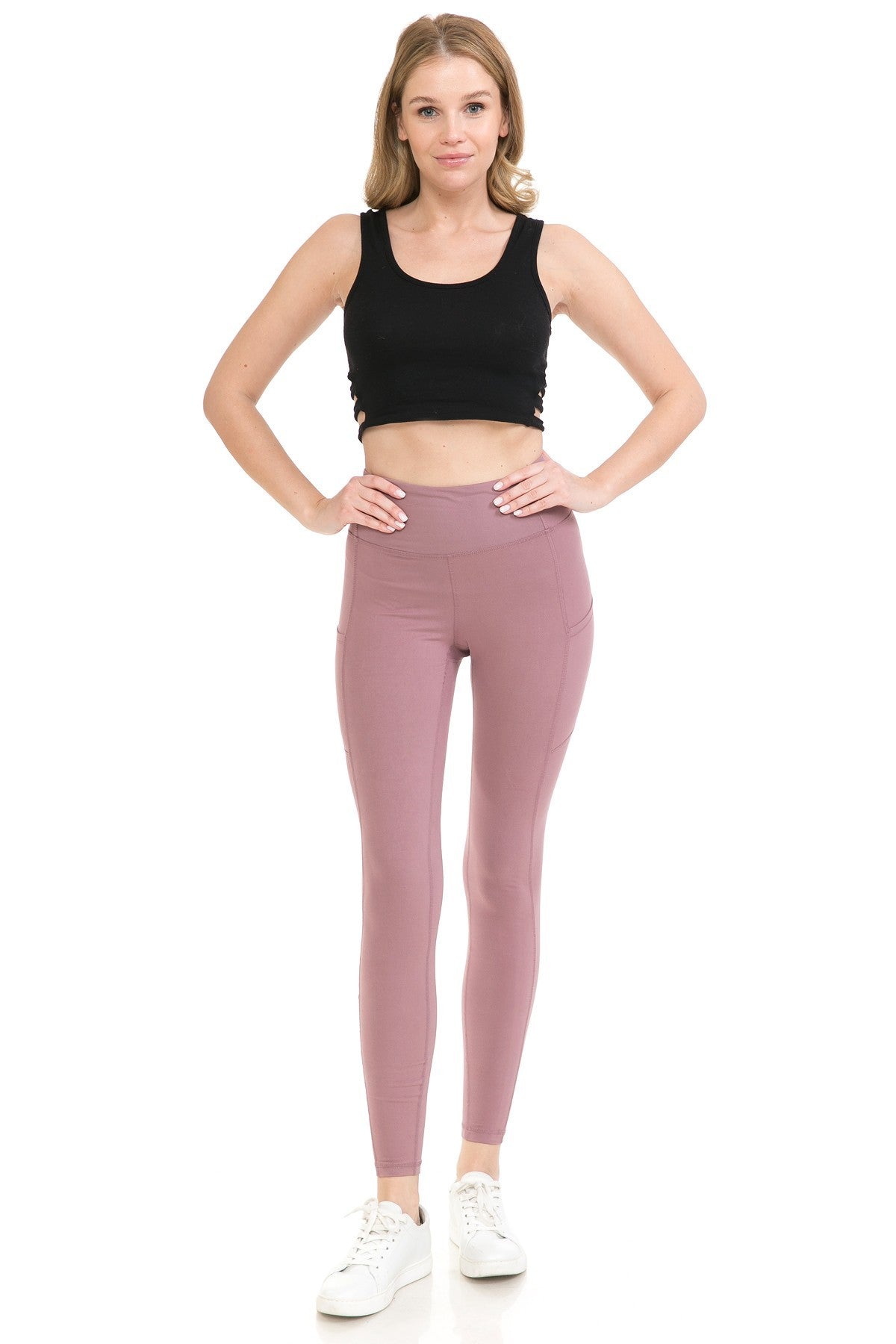 Women's High Waist Yoga Pants Stretch Knit Solid Leggings Gym Fitness Pockets