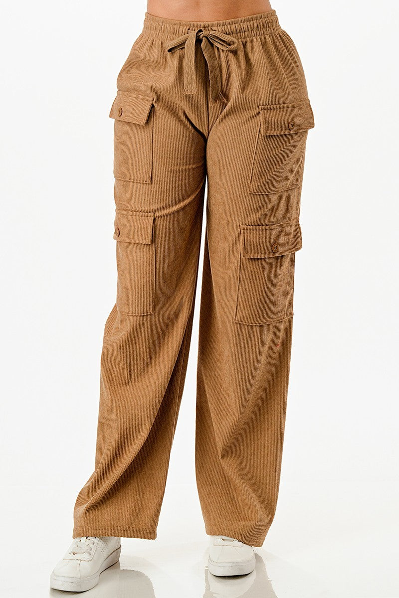 Women's Corduroy Cargo Pants Wide Straight Cut Leg Elastic Waist Band Soft Solid