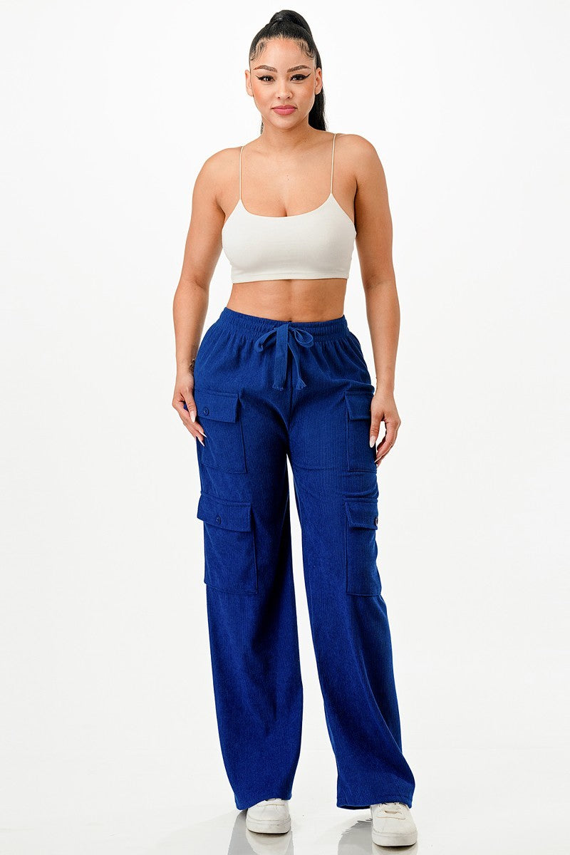 Women's Corduroy Cargo Pants Wide Straight Cut Leg Elastic Waist Band Soft Solid