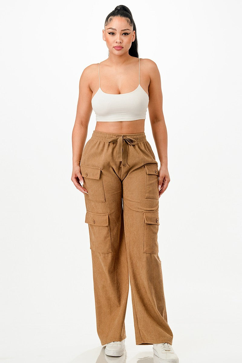 Women's Corduroy Cargo Pants Wide Straight Cut Leg Elastic Waist Band Soft Solid